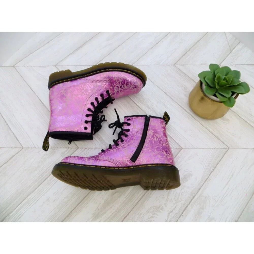 NEW! Dr. Martens Junior 1460 Crinkle Metallic Lace Up Boots Pink SZ 3